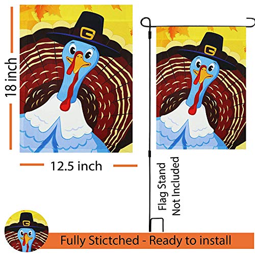 G128 - Home Decorative Thanksgiving Garden Flag, Joyful Pilgrim Turkey Decoration,  | 12x18 Inch | Printed 150D Polyester - Rustic Holiday Seasonal Outdoor Flag