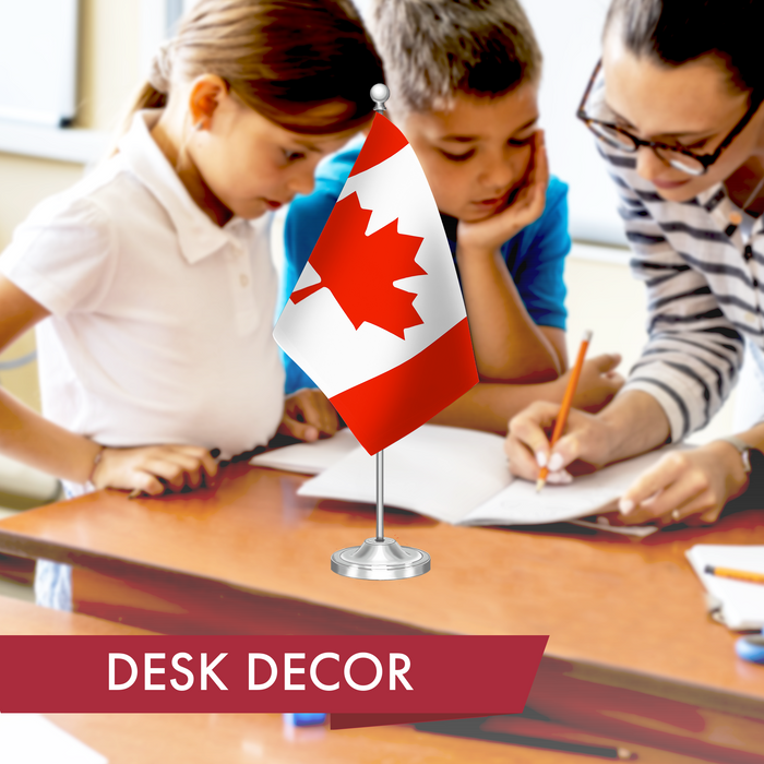 G128 Canada Canadian Deluxe Desk Flag Set | 8.5x5.5 In | Printed 300D Polyester, with Silver Dome and Base, 15" Metal Pole, Decorations For Office, Home and Festival Events Celebration