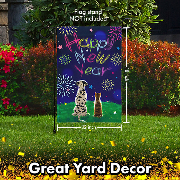G128 - Happy New Year Garden Flag, New Year Themed Decorations - Dog and Cat Watching Fireworks,  | 12x18 Inch | Printed 150D Polyester - Rustic Holiday Seasonal Outdoor Flag