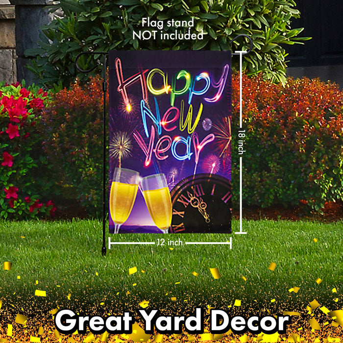 G128 - Happy New Year Garden Flag, New Year Themed Decorations - Fireworks and Champagne,  | 12x18 Inch | Printed 150D Polyester - Rustic Holiday Seasonal Outdoor Flag