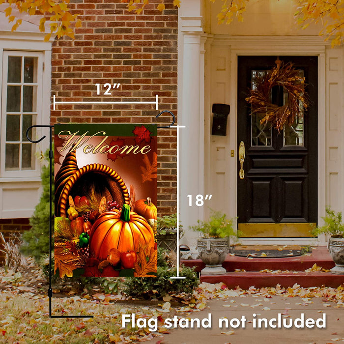 G128 - Home Decorative Fall Garden Flag Welcome Quote, Autumn Harvest Cornucopia Garden Yard Decorations,  | 12x18 Inch | Printed 150D Polyester - Rustic Holiday Seasonal Outdoor Flag