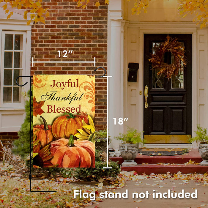 G128 - Home Decorative Thanksgiving Garden Flag, Joyful Thankful and Blessed Quote with Pumpkins and Maple Leaves Decorations,  | 12x18 Inch | Printed 150D Polyester - Rustic Holiday Seasonal Outdoor Flag