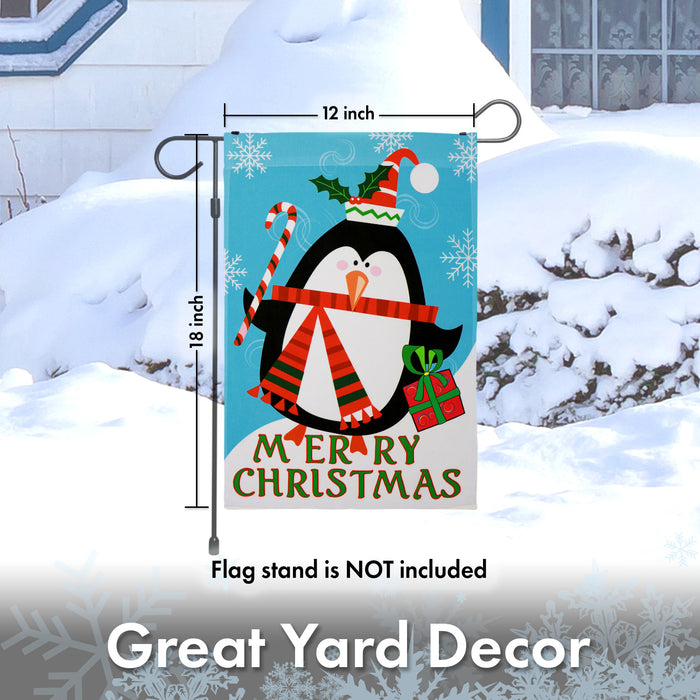 G128 - Christmas Garden Flag, Christmas and Winter Themed Decorations - Merry Christmas Penguin with Candy Cane,  | 12x18 Inch | Printed 150D Polyester - Rustic Holiday Seasonal Outdoor Flag