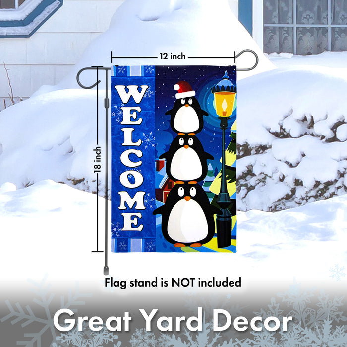 G128 - Christmas Garden Flag, Christmas and Winter Themed Decorations - Welcome Three Cute Penguins,  | 12x18 Inch | Printed 150D Polyester - Rustic Holiday Seasonal Outdoor Flag