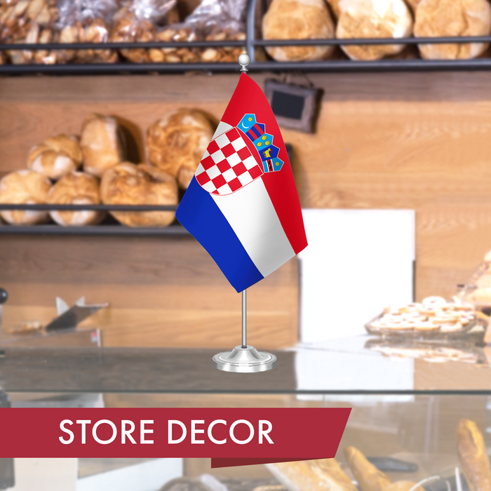 G128 Croatia Croatian Deluxe Desk Flag Set | 8.5x5.5 In | Printed 300D Polyester, with Silver Dome and Base, 15" Metal Pole, Decorations For Office, Home and Festival Events Celebration
