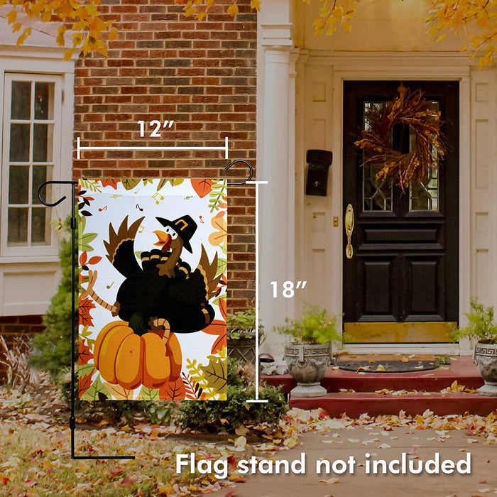 G128 - Home Decorative Thanksgiving Garden Flag, Joyful Pilgrim Turkey with Pumpkin and Maple Leaves Decorations,  | 12x18 Inch | Printed 150D Polyester - Rustic Holiday Seasonal Outdoor Flag