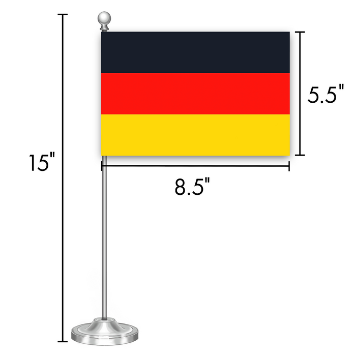 G128 Germany German Deluxe Desk Flag Set | 8.5x5.5 In | Printed 300D Polyester, with Silver Dome and Base, 15" Metal Pole, Decorations For Office, Home and Festival Events Celebration