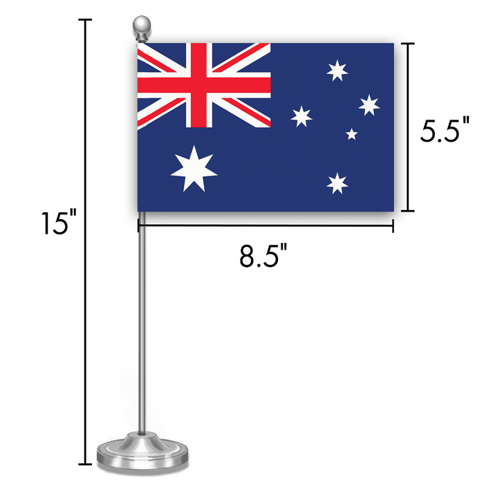 G128 Australia Australian Deluxe Desk Flag Set | 8.5x5.5 In | Printed 300D Polyester, with Silver Dome and Base, 15" Metal Pole, Decorations For Office, Home and Festival Events Celebration
