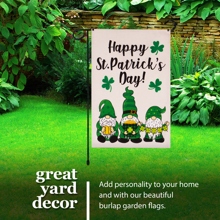 G128 Combo Pack: Garden Flag Stand Black 36 in x 16 in & Garden Flag Happy St. Patrick's Day Decoration Decoration Three Leprechaun Gnomes 12"x18" Double-Sided Burlap Fabric