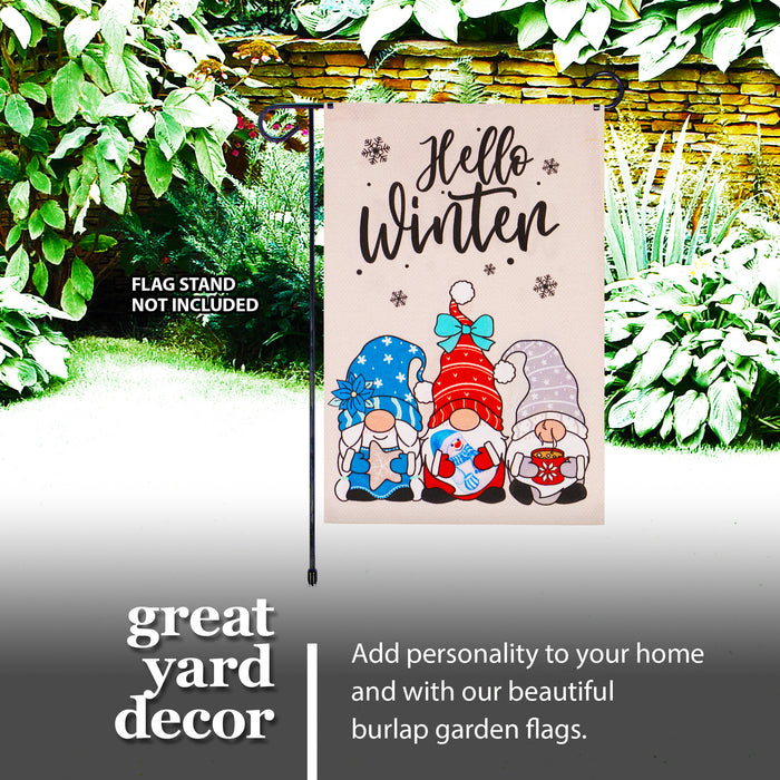 G128 Garden Flag Hello Winter Three Cozy Gnomes 12"x18" Burlap Fabric