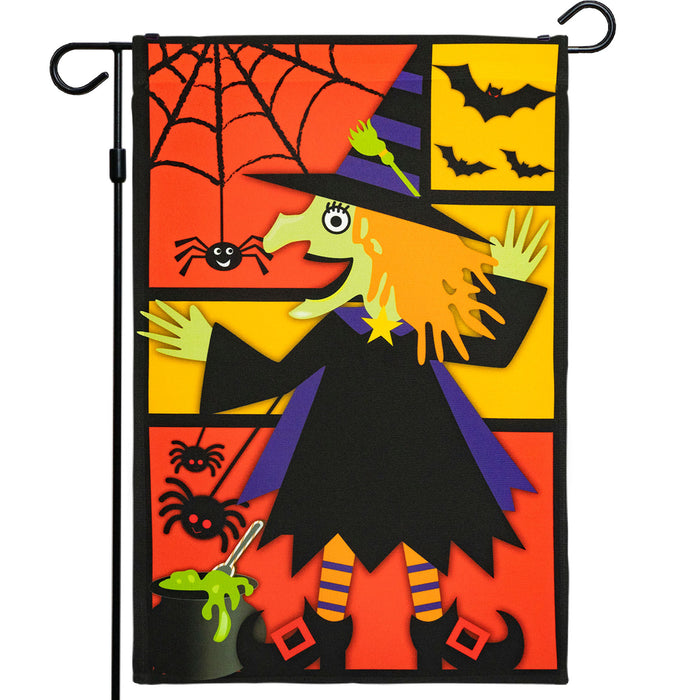 G128 - Halloween Garden Flag, Witch, Bats, and Spiders Garden Yard Decorations,  | 12x18 Inch | Printed 150D Polyester - Rustic Holiday Seasonal Outdoor Flag
