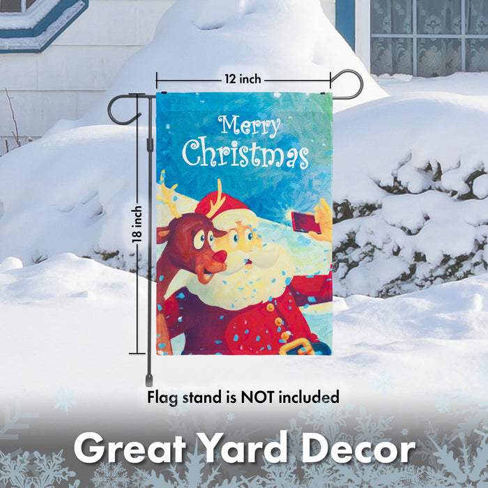 G128 - Christmas Garden Flag, Christmas and Winter Themed Decorations - Santa and Reindeer with Merry Christmas Quote,  | 12x18 Inch | Printed 150D Polyester - Rustic Holiday Seasonal Outdoor Flag