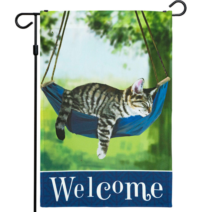 G182 Garden Flag Welcome Sleeping Kitten | 12x18 Inch | 150D Printed Polyester - Everyday Decoration