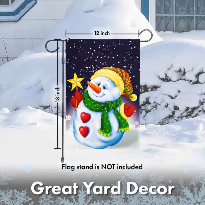 G128 - Christmas Garden Flag, Christmas and Winter Themed Decorations - Snowman Playing in The Snow,  | 12x18 Inch | Printed 150D Polyester - Rustic Holiday Seasonal Outdoor Flag