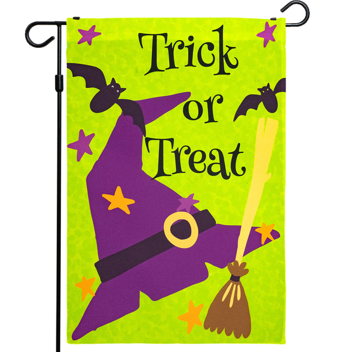 G128 - Halloween Garden Flag, Trick or Treat Quote with Witch Garden Yard Decorations,  | 12x18 Inch | Printed 150D Polyester - Rustic Holiday Seasonal Outdoor Flag
