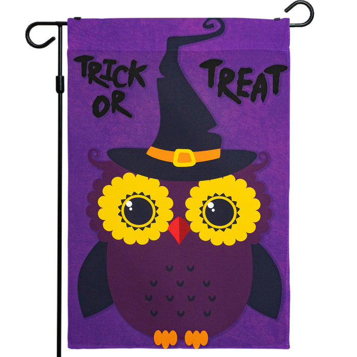 G128 - Halloween Garden Flag, Trick or Treat Quote with Cute Owl, Garden Yard Decorations,  | 12x18 Inch | Printed 150D Polyester - Rustic Holiday Seasonal Outdoor Flag