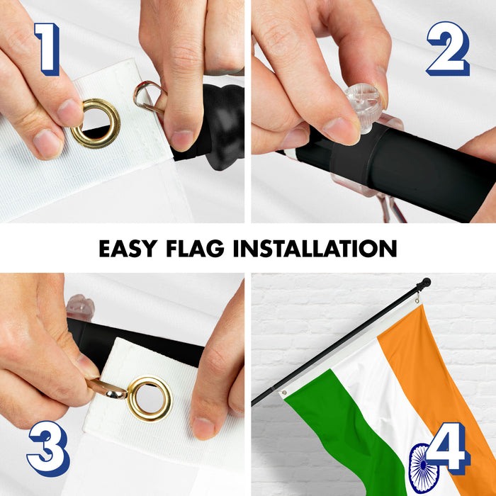 Flag Pole 6FT Black Tangle Free & India Indian Flag 3x5 Ft Combo Printed 150D Polyester By G128