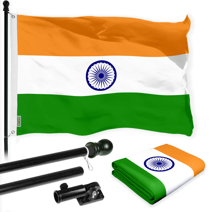 Flag Pole 6FT Black Tangle Free & India Indian Flag 3x5 Ft Combo Printed 150D Polyester By G128