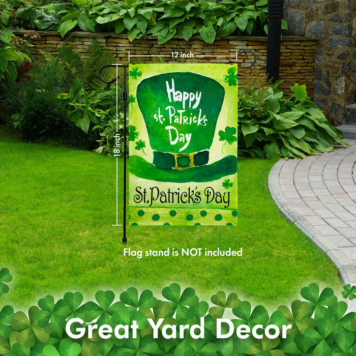 G128 - St Patrick's Day Garden Flag, St Patrick's Themed Decorations - Leprechaun Hat,  | 12x18 Inch | Printed 150D Polyester - Rustic Holiday Seasonal Outdoor Flag