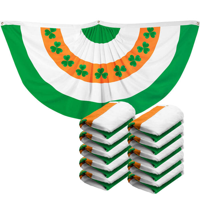 G128 10 Pack: Ireland Irish Shamrock Pleated Fan Flag | 3x6 Ft | Printed 150D Polyester | St. Patrick's Day Decor, Indoor/Outdoor, Vibrant Colors, Brass Grommets