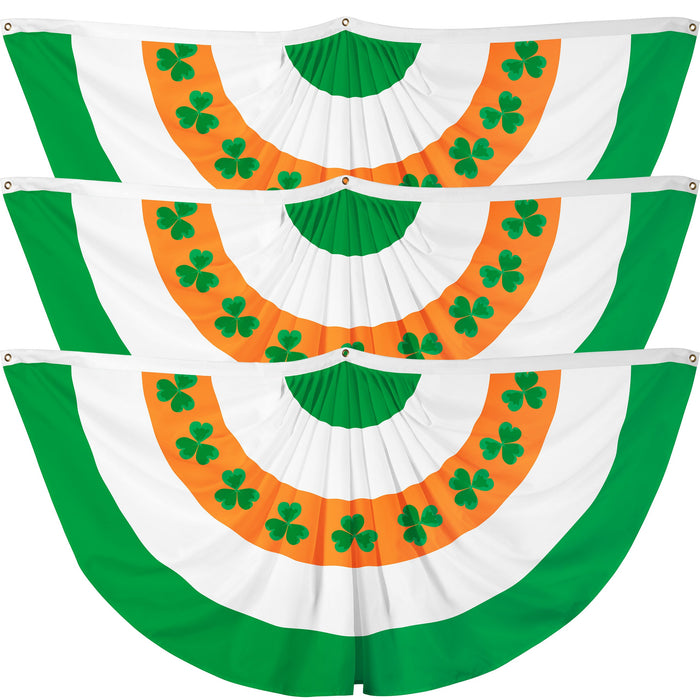 G128 3 Pack: Ireland Irish Shamrock Pleated Fan Flag | 3x6 Ft | Printed 150D Polyester | St. Patrick's Day Decor, Indoor/Outdoor, Vibrant Colors, Brass Grommets