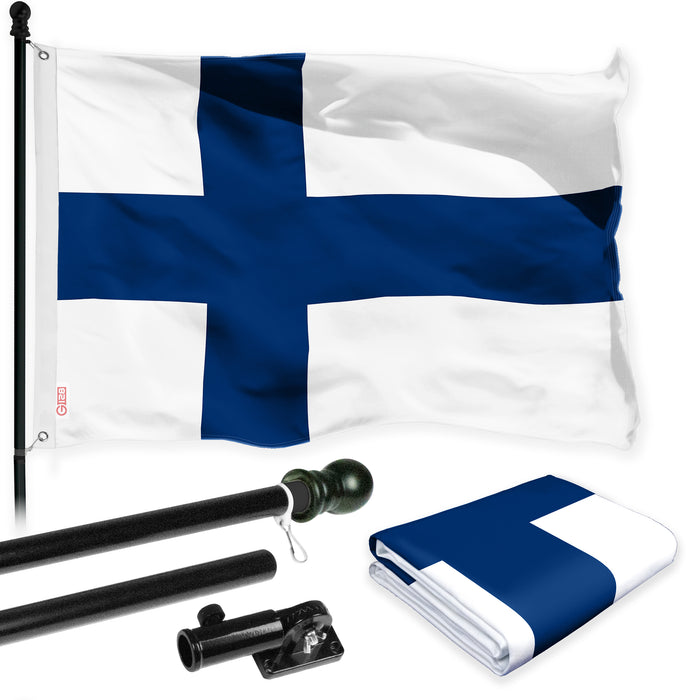 G128 Flag Pole 6FT Black Tangle Free & Finland Finnish Flag 3x5 Ft Combo Printed 150D Polyester