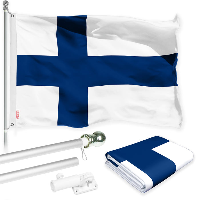 G128 Flag Pole 6FT Silver Tangle Free & Finland Finnish Flag 3x5 Ft Combo Printed 150D Polyester