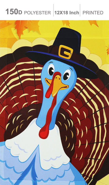 G128 - Home Decorative Thanksgiving Garden Flag, Joyful Pilgrim Turkey Decoration,  | 12x18 Inch | Printed 150D Polyester - Rustic Holiday Seasonal Outdoor Flag