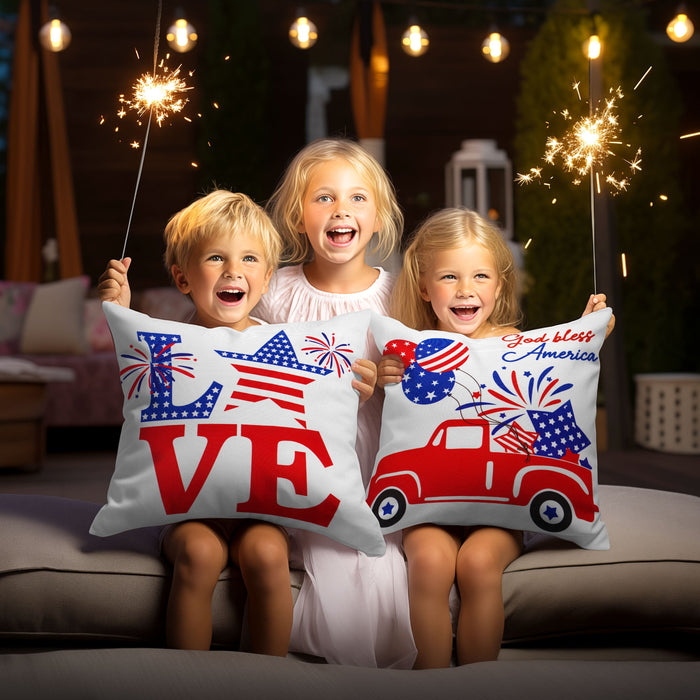 G128 Patriotic Decoration Gnome & Fireworks Waterproof Throw Pillow | 18 x 18 in | Set of 4, Beautiful Cushion Covers for Independence Memorial Day Sofa Couch Decoration, Pillow Insert Included
