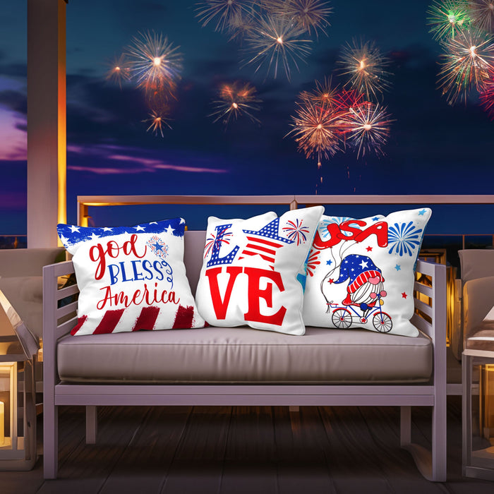 G128 Patriotic Decoration Gnome & Fireworks Waterproof Throw Pillow | 18 x 18 in | Set of 4, Beautiful Cushion Covers for Independence Memorial Day Sofa Couch Decoration, Pillow Insert Included