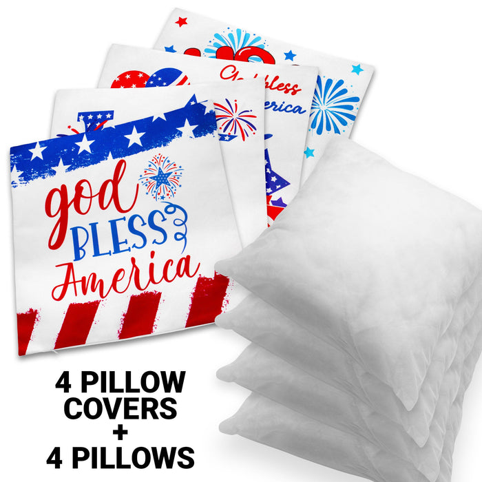 G128 Patriotic Decoration Gnome & Fireworks Waterproof Throw Pillow | 18 x 18 in | Set of 4, Beautiful Cushion Covers for Independence Memorial Day Sofa Couch Decoration, Pillow Insert Included