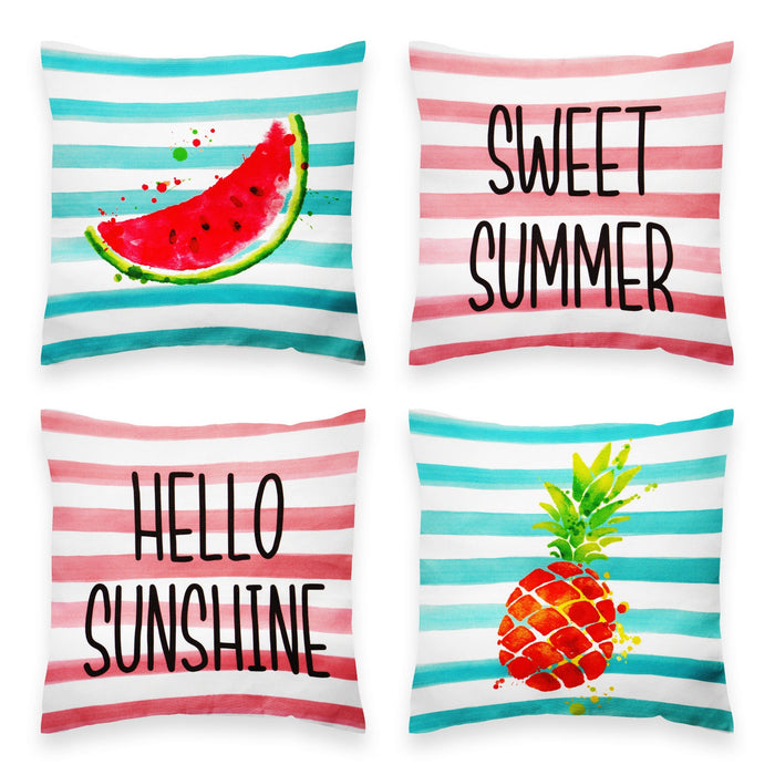 G128 Summer Decoration Hello Summer Pineapple Watermelon Waterproof Throw Pillow | 18 x 18 in | Set of 4, Beautiful Cushion Covers for Summer Sofa Couch Decoration, Pillow Insert Included