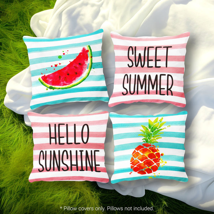 G128 Summer Decoration Hello Summer Pineapple Watermelon Waterproof Throw Pillow Covers | 18 x 18 in | Set of 4, Beautiful Cushion Covers for Summer Sofa Couch Decoration