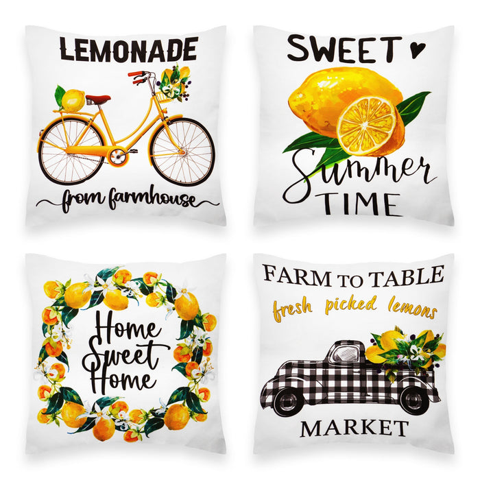 G128 Summer Decoration Farmhouse Lemon Sweet Home Waterproof Throw Pillow | 18 x 18 in | Set of 4, Beautiful Cushion Covers for Summer Sofa Couch Decoration, Pillow Insert Included