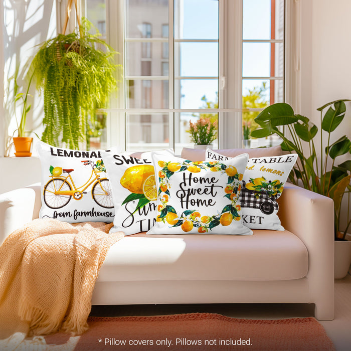 G128 Summer Decoration Farmhouse Lemon Sweet Home Waterproof Throw Pillow Covers | 18 x 18 in | Set of 4, Beautiful Cushion Covers for Summer Sofa Couch Decoration