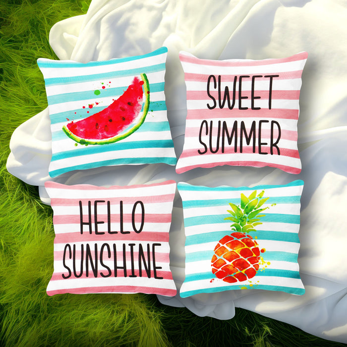 G128 Summer Decoration Hello Summer Pineapple Watermelon Waterproof Throw Pillow | 18 x 18 in | Set of 4, Beautiful Cushion Covers for Summer Sofa Couch Decoration, Pillow Insert Included