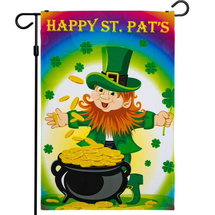 G128 - St Patrick's Day Garden Flag, St Patrick's Themed Decorations - Leprechaun with Pot of Gold,  | 12x18 Inch | Printed 150D Polyester - Rustic Holiday Seasonal Outdoor Flag