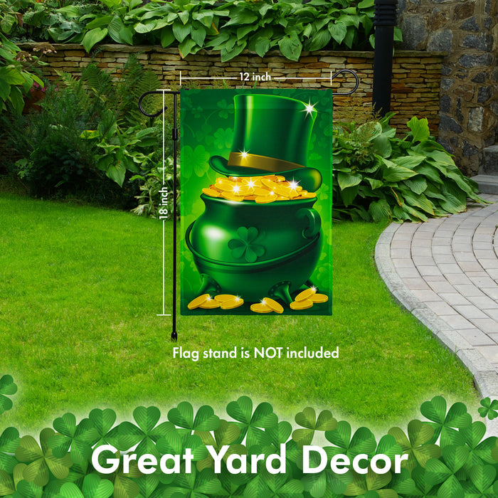 G128 - St Patrick's Day Garden Flag, St Patrick's Themed Decorations - Pot of Gold and Hat,  | 12x18 Inch | Printed 150D Polyester - Rustic Holiday Seasonal Outdoor Flag