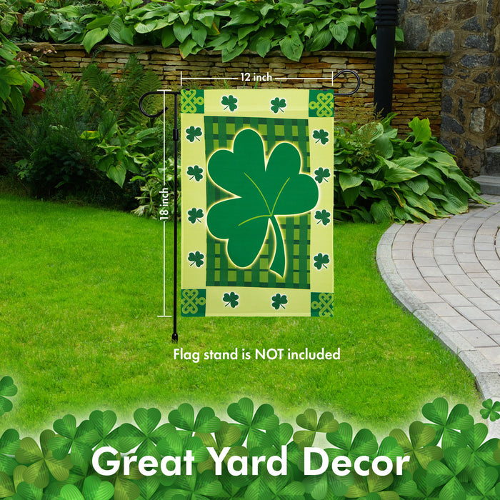 G128 - St Patrick's Day Garden Flag, St Patrick's Themed Decorations - Large Green Clover,  | 12x18 Inch | Printed 150D Polyester - Rustic Holiday Seasonal Outdoor Flag