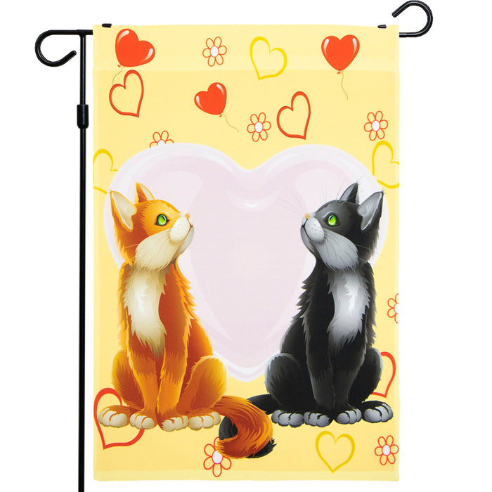 G128 - Valentine's Day Garden Flag, Valentine Themed Decorations - Cats in Love,  | 12x18 Inch | Printed 150D Polyester - Rustic Holiday Seasonal Outdoor Flag