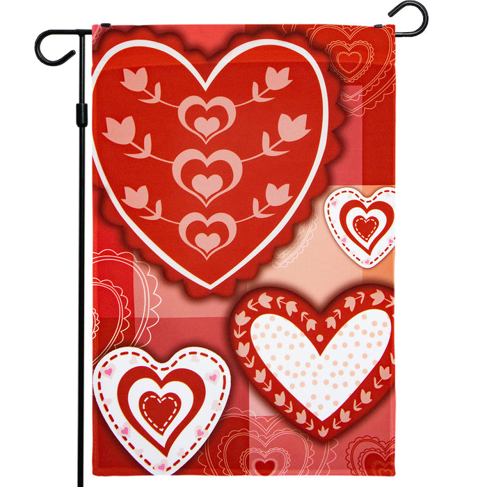 G128 - Valentine's Day Garden Flag, Valentine Themed Decorations - Patchwork Hearts,  | 12x18 Inch | Printed 150D Polyester - Rustic Holiday Seasonal Outdoor Flag