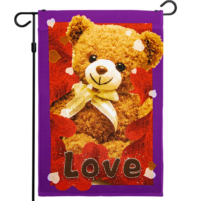 G128 - Valentine's Day Garden Flag, Valentine Themed Decorations - Love Toy Bear,  | 12x18 Inch | Printed 150D Polyester - Rustic Holiday Seasonal Outdoor Flag