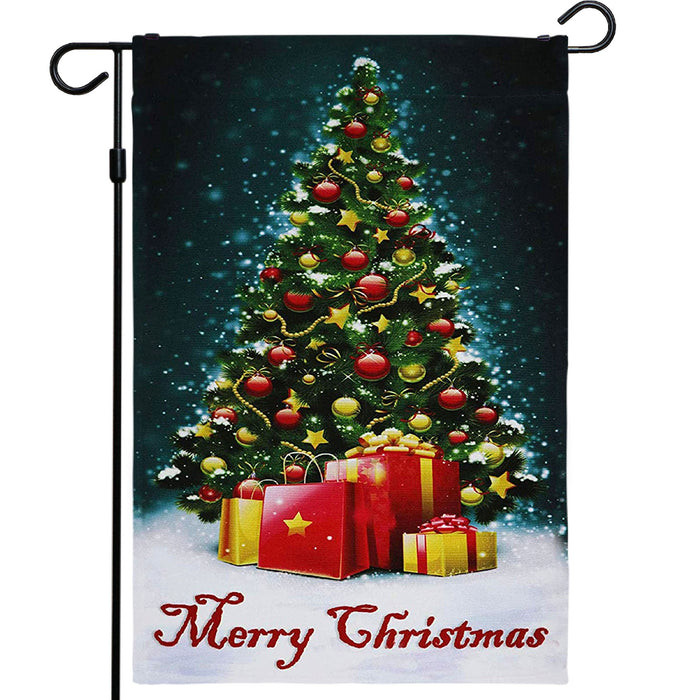 G128 - Christmas Garden Flag, Christmas and Winter Themed Decorations - Christmas Tree with Merry Christmas Quote,  | 12x18 Inch | Printed 150D Polyester - Rustic Holiday Seasonal Outdoor Flag