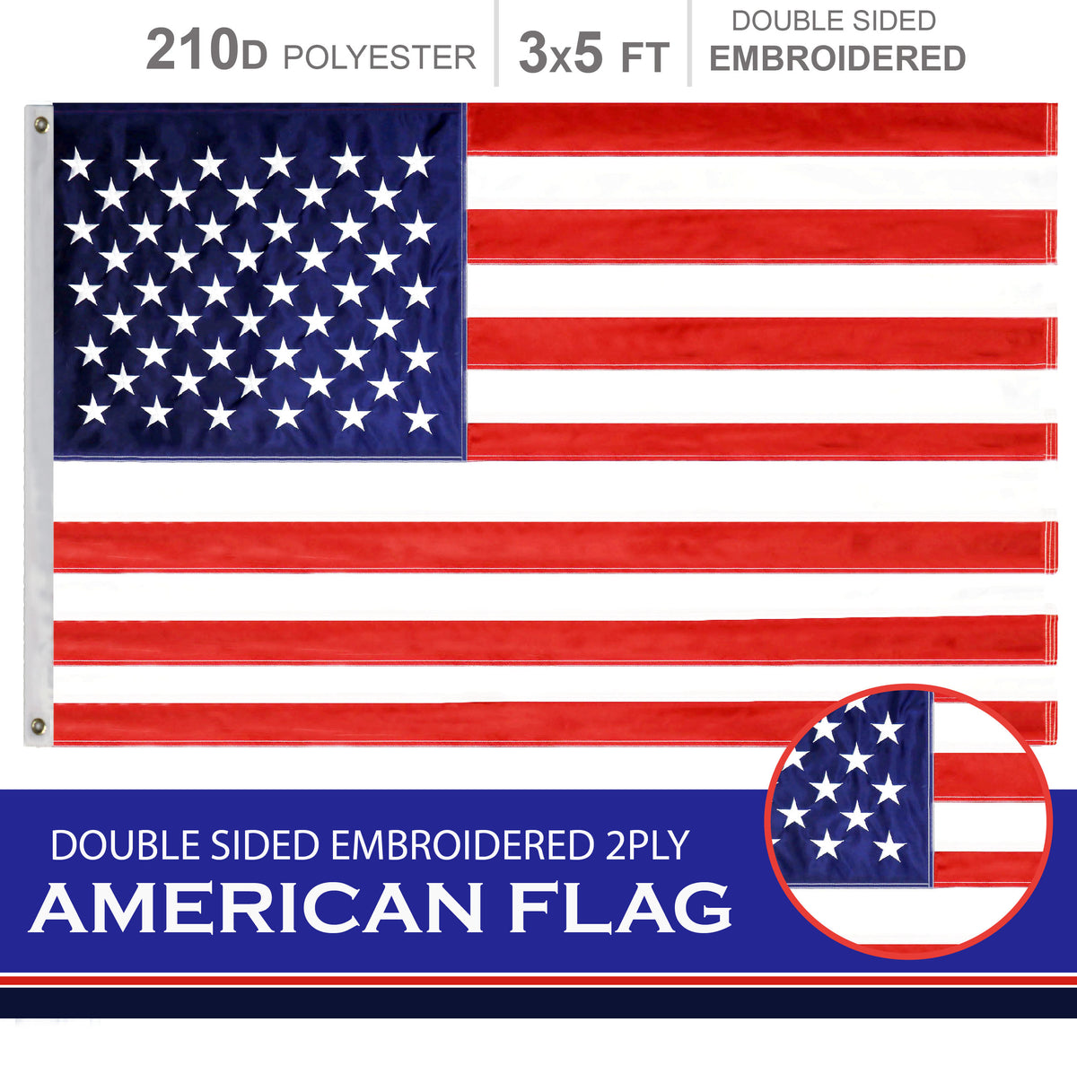 American Flag 210D Embroidered Polyester 3x5 Ft - Double Sided 