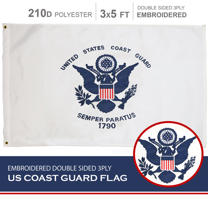 US Coast Guard Flag 210D Embroidered Polyester 3x5 Ft - Double Sided 3ply