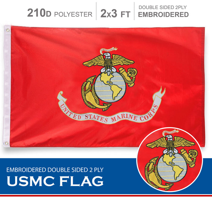 USMC (US Marine Corps) 210D Embroidered Polyester 2x3 Ft - Double Sided 2ply