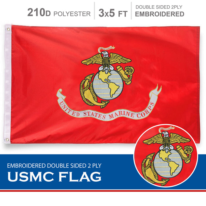 USMC (US Marine Corps) 210D Embroidered Polyester 3x5 Ft - Double Sided 2ply